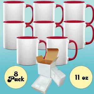 8 Pcs 11OZ RED Inner Handle Blank Sublimation Coffee Mugs + Foam Support Boxes - Picture 1 of 4