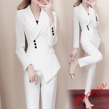 Womens 2 Pcs Suits Slim Fit Lapel Blazer Jacket Formal Coat Skinny Pant OL Style
