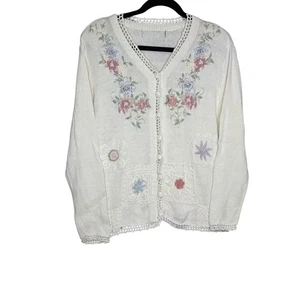 Vintage Shenanigans Ivory Knit Floral Embroidered Crochet Trim Cardigan READ - Picture 1 of 4