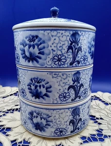 Blue & White 3 Tiered Porcelain  Serving Dishes w/Lid Made in Taiwan - Picture 1 of 5