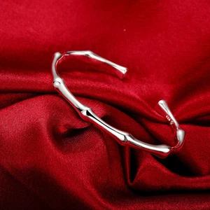 Womens 925 Sterling Silver Bamboo Cuff Adjustable Bangle Fashion Bracelet #B233 - Picture 1 of 4