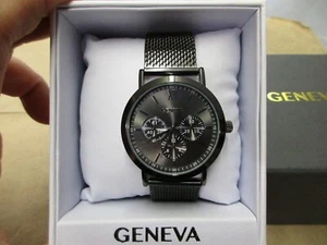 New Old Stock Geneva Faux Chronograph Men's Quartz Watch Gunmetal Tone - Picture 1 of 4