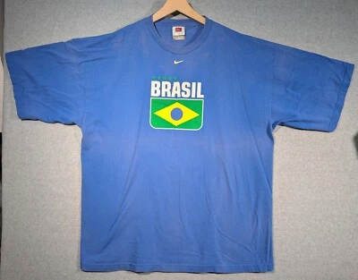 Y2K Nike Team Brazil Ronaldinho T-Shirt Blue Size XXL FADED USA Fabric - Image 1 of 4