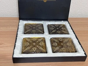 Bombay Co. Fused Cased Thick Glass Gold Tortoise Shell Etched Coasters Set/4 Vtg - Picture 1 of 8