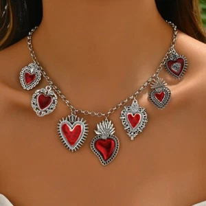 Mode Rot Herz Medaillon Anhänger Halskette Gothic Stil Totenkopf Form Kreuz Halsband - Bild 1 von 6