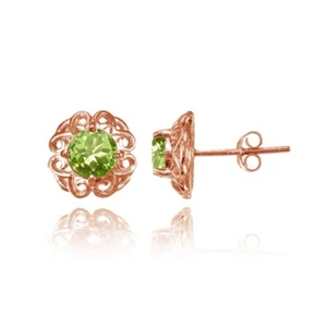 Rose Gold Flashed Sterling Silver Peridot Round Filigree Stud Earrings - Picture 1 of 4