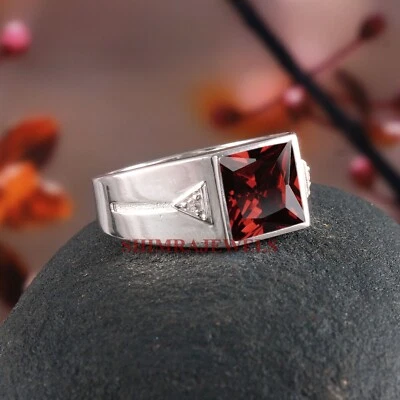 Piedras preciosas de granate natural con anillo de plata enchapado en oro blanco de 14K para hombre #1254 Foto 1 de 4