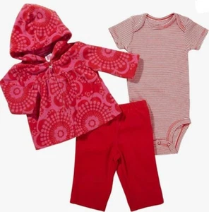 Girls Hooded Cardigan Pant Set Outfit 3 pc Bodysuit Top Bottom Pant Fleece Red - Picture 1 of 4