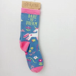 Women Boy Sock Crew Karma Dare to Dream Unicorn Flower Pink Cotton Gift NWT NEW - Picture 1 of 9