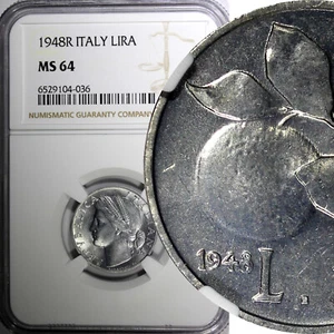 Italy Aluminum 1948 R 1 Lira NGC MS64 ONLY 1 COIN GRADED HIGHEST KM# 87 (36) - Picture 1 of 5