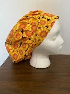 YELLOW MUM FLOWERS ON BOUFFANT SURGICAL NURSES SCRUB HAT BOUFFANT,CHEMO, TECH - Picture 1 of 2