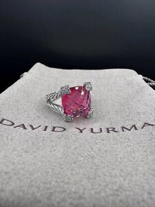 David Yurman 925 Silver 15mm Cushion On Point Ring Tourmaline & Diamonds Sz 8.5