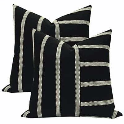 Stripe Patchwork Throw Pillow Cover Cushion 18 x 18-Inch Black Mixd Off White - Image 1 of 4