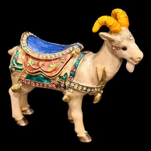 RARE GOAT Enamel with Swarovski Crystals Lucky Charm Trinket Box made in India - Picture 1 of 11