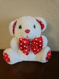 Adorable White TEDDY BEAR RED HEARTS RIBBON 8" Plush Stuffed Animal  - Picture 1 of 3