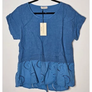 Terzo Millennio NEU Italien jeansblau Leinen Baumwolle Ösen Rüschen Top Damen Small - Bild 1 von 6
