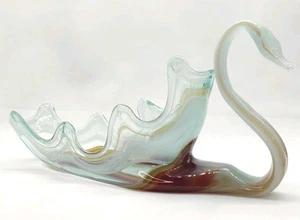 Vintage Kunst Glas Schwan Herzstück geraffter Rand Aqua weiß Bernstein Wirbel - Bild 1 von 21