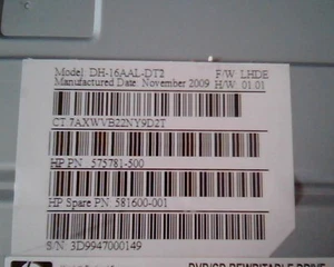 HP DH-16AAL-DT2 LHDE 575781-500 DVD/CD Wiederbeschreibbares Laufwerk DH-16AAL D33C76 Nov2009 - Bild 1 von 4