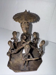 AFRICAN BRONZE ASHANTI SCULPTURE TRIBAL CHIEF UNDER UMBRELLA w/ TRIBESMEN - Picture 1 of 10