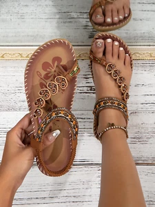 Bohemian Thong Sandals Summer Fashion Flowers Flat Beach Shoes for Women - Picture 1 of 16