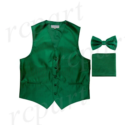 New Men's Formal Vest Tuxedo Waistcoat_bowtie & hankie set stripes emerald green - Image 1 of 4