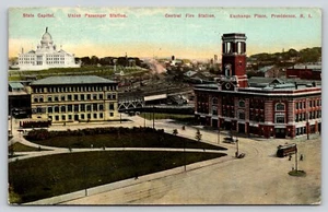 Postcard Central Fire Station Providence  Rhode Island Union Passenger Station - Picture 1 of 2