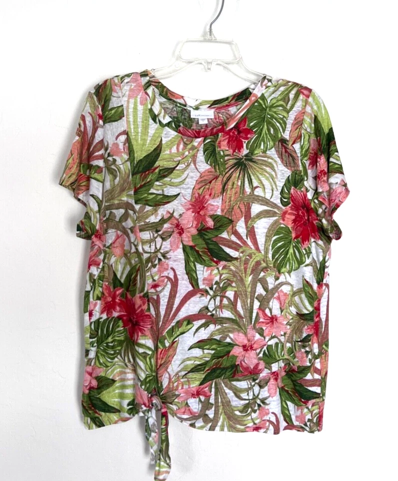 J Jill 女式 Large Love 100% 亚麻 T 恤绿色热带花卉印花休闲 — 第 1/4 张图片