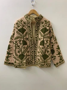 Mustard Floral TNT Suzani Embroidered Jacket Indian Winter Coat Boho Robe Style - Picture 1 of 4