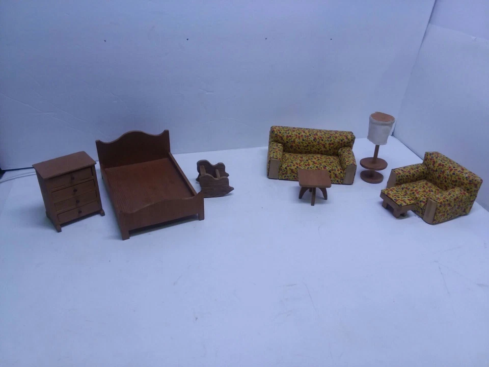 Doll house furniture  Living Room Set Bedroom Set Rocking Horse 8 Pcs Vintage - Image 1 of 4
