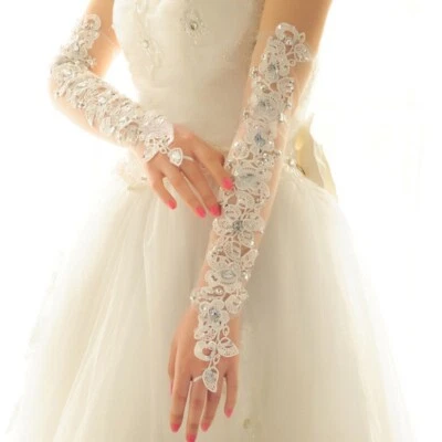Damen Spitze Strass Lange Handschuhe Braut Hochzeit Fingerlose Fäustlinge Netz - Bild 1 von 4