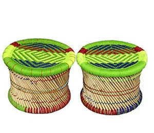 KKSM Beautiful Cane Bar BamBoo Foot Stool Muddha for Indoor Outdoor set of 2 - Picture 1 of 3
