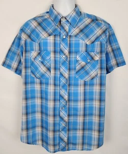 Wrangler Western Fashion Shirt Mens L Blue Plaid Short Sleeve Pearl Snap - Picture 1 of 10