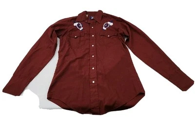 Vintage Men’s Medium Chute Red Maroon Western Pearl Snap Embroidered Wagon Shirt - Image 1 of 4