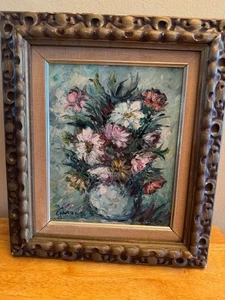 Simone Floral Still Life Oil Painting From 1970's-12" X 14" Carved Wooden Frame - Picture 1 of 3