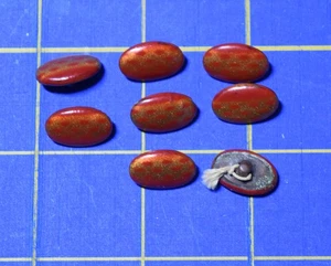 3981 8 antike Zelluloid 2 teilige ovale Knöpfe, Metallboden, Top Dec mit roten Punkten - Bild 1 von 1
