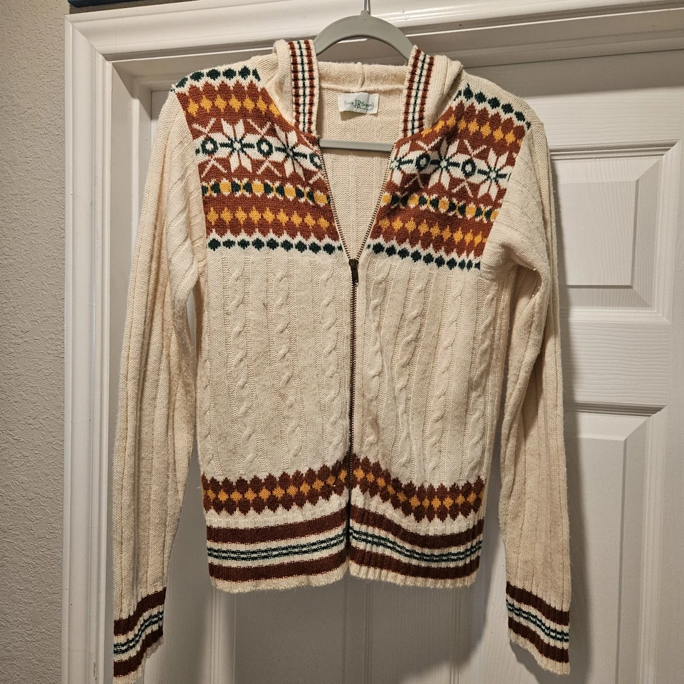 Suéter con Capucha de Colección Años 70 Sears Jr Bazaar Fair Isle Cremallera Marrón Crema Cable... Foto 1 de 4