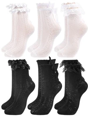 6 pares de calcetines tobilleros informales de encaje con volantes blancos, negros Kawaii para mujer Foto 1 de 4