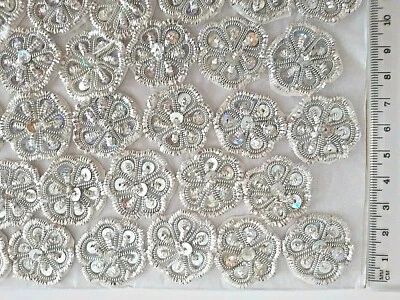 35 Silver Sequinned Flower Motifs 3 cm for Card Sewing Patchwork Scrapbooking - Image 1 of 3