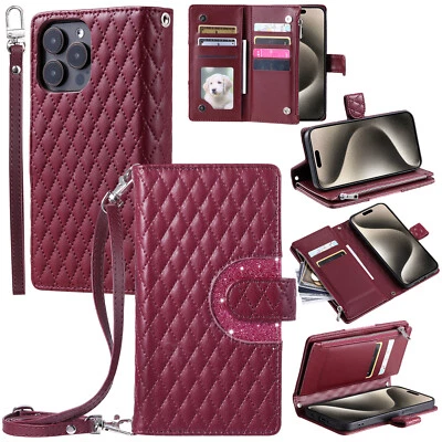 For iPhone 15 14 13 12 11 Pro Max XR 8 7 Leather Flip Zipper Wallet Case Cover - Image 1 of 4