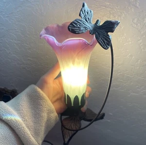Tiffany Style Glass Green Pink Lily Tulip Flower Butterfly Lamp Nightlight Black - Picture 1 of 12