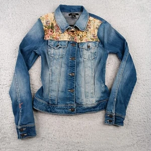 Forever 21 Jacket Girls Small Blue Denim Button-Up Collared Retro Floral - Picture 1 of 8