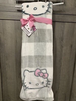 Nueva manta de felpa Hello Kitty blanca y gris a cuadros 50 x 70 nueva con etiqueta Foto 1 de 4