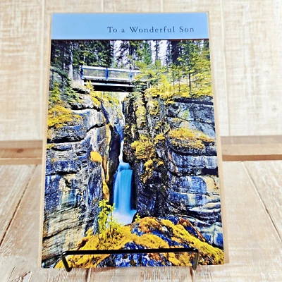 Tarjeta de cumpleaños American Greetings a Wonderful Son Mountain Waterfall azul Foto 1 de 4