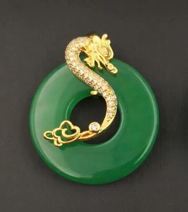 Green Jade Round Peace Buckle 18KGP Cubic zirconia Dragon Luck Pendant Necklace - Picture 1 of 12