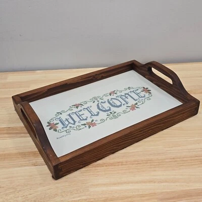 Cross Stitch "Welcome" Handmade Wooden Serving Tray 16x11 Shabby Cottagecore - Image 1 of 4
