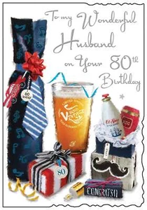 Jonny Javelin Husband 80th Birthday Card - Beer & Presents Silver Foil 9x6.25" - Picture 1 of 2