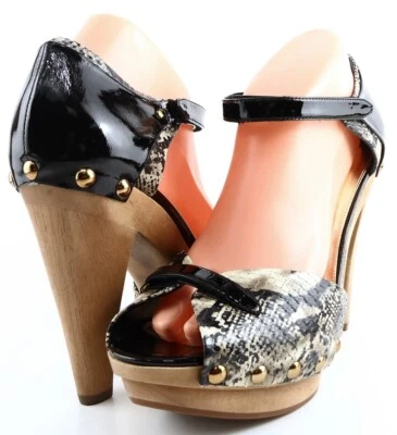 $235 VIA SPIGA ODETTE Negro Multi Cuero Serpiente Diseñador Zuecos Puntera Abierta Bombas 10 Foto 1 de 4