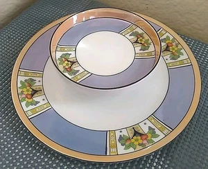 Noritake M Wreath Porcelain Plate & Attached Bowl Lusterware Fruit & Floral VTG - Picture 1 of 8