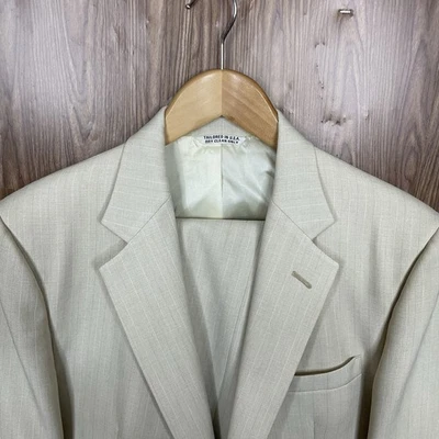 Joe Namath Vintage 1960s USA 2 Piece Suit Mens 40R 36x30 Beige Striped Linen - Image 1 of 4