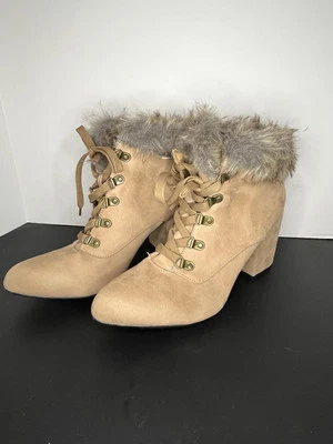 Botas de piel de bambú con cordones de tacón grueso de gamuza tostada talla 10 para mujer Foto 1 de 4